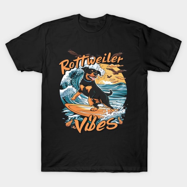 Wave Rider Rottweiler Dog Surfing Adventure T-Shirt by coollooks